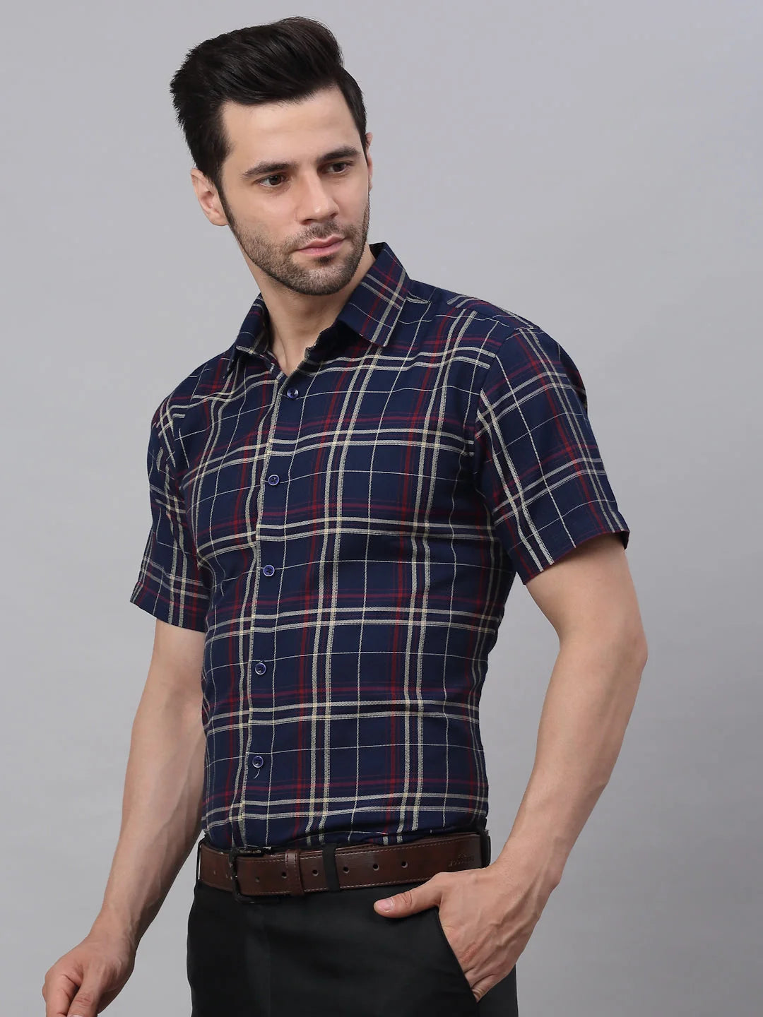 Men's Navy Half Sleeve Checked Formal Shirt - Soft Cotton Blend