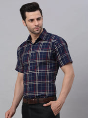 Men's Navy Half Sleeve Checked Formal Shirt-SF-837