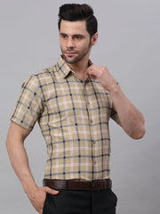 Men's Beige Half Sleeve Checked Formal Shirt-SF-838