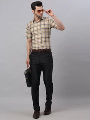 Men's Beige Half Sleeve Checked Formal Shirt-SF-838