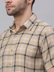 Men's Beige Half Sleeve Checked Formal Shirt-SF-838