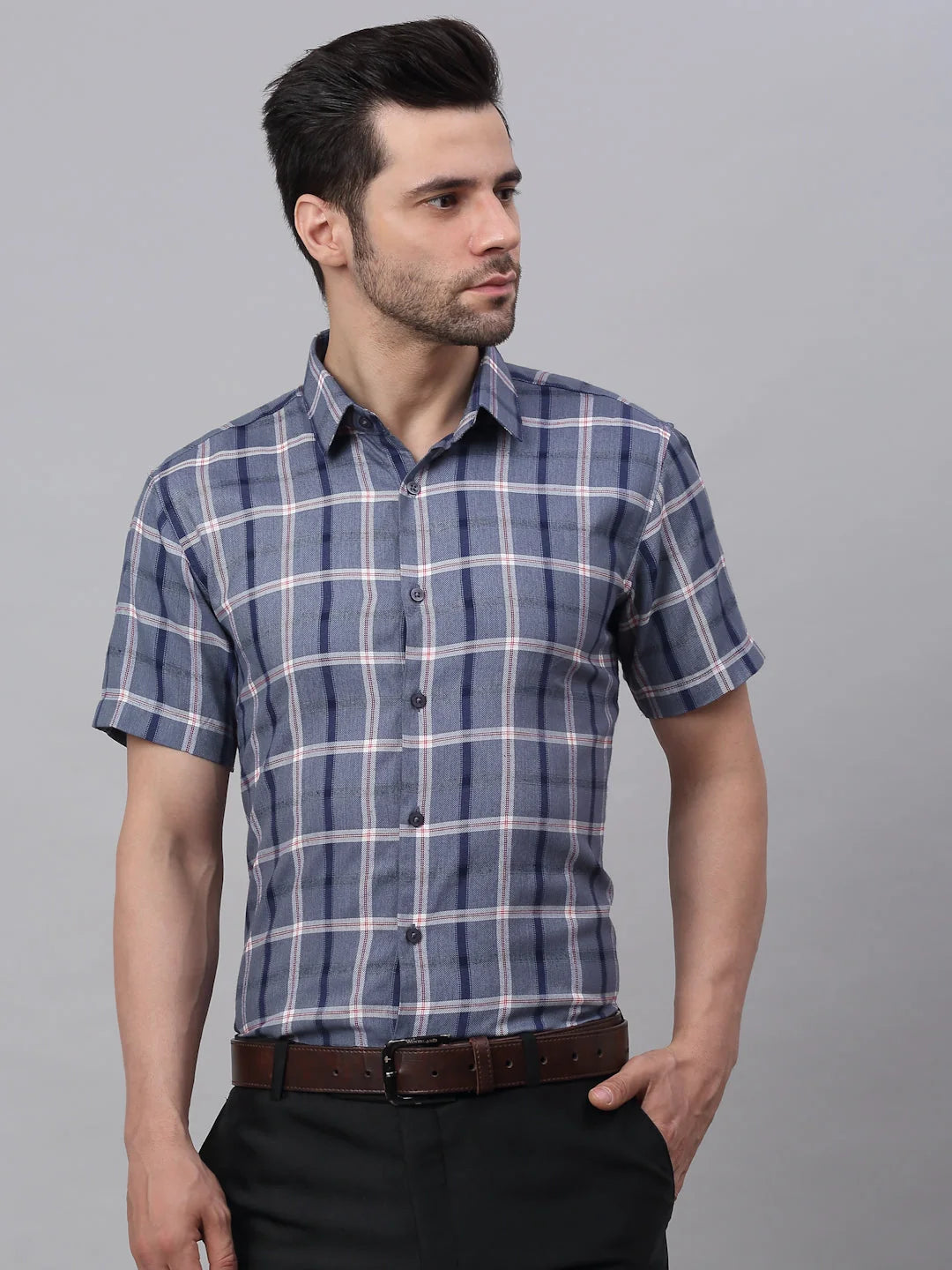 Men's Grey Half Sleeve Checked Formal Shirt-SF-838