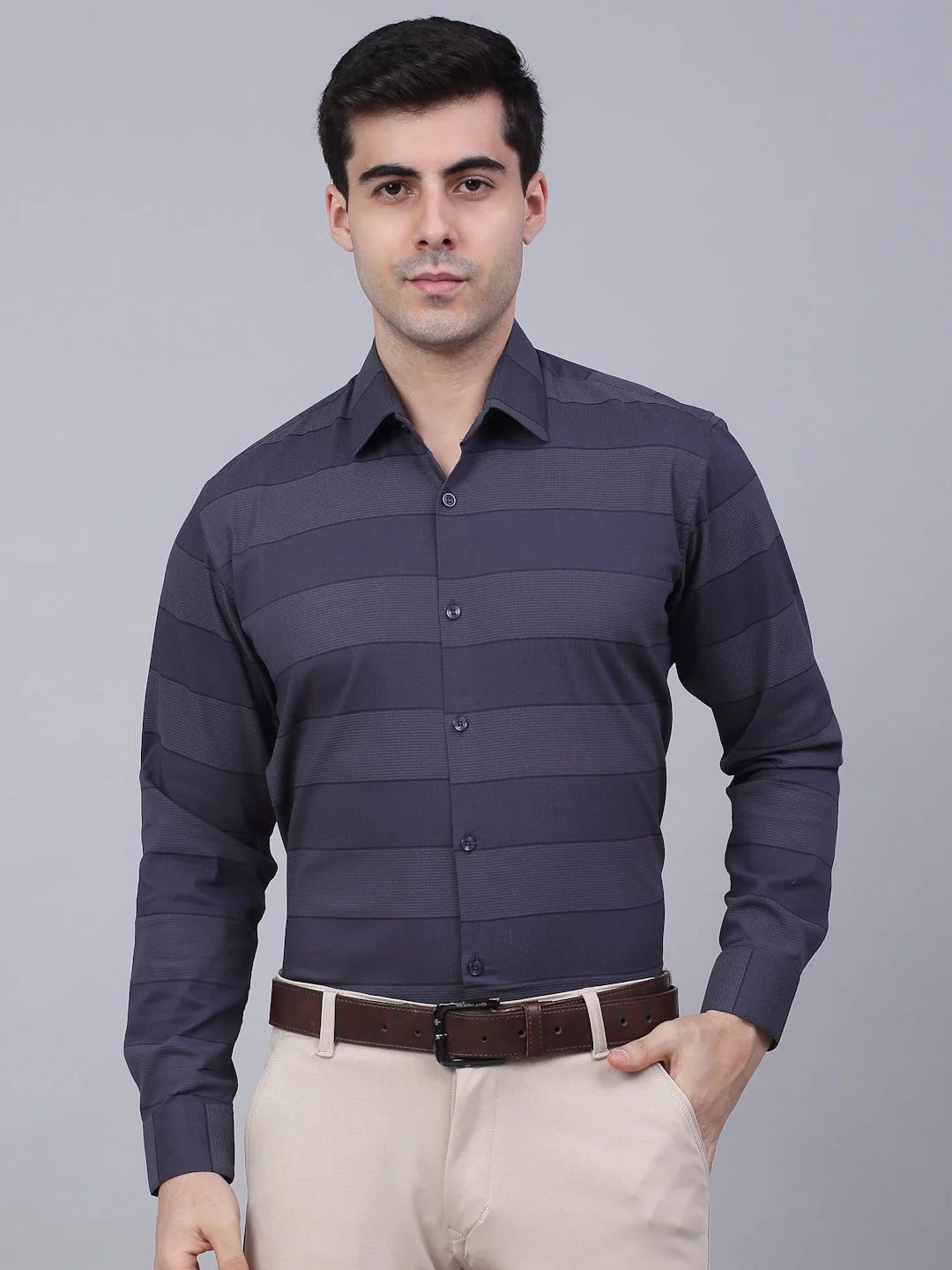 Grey Striped Formal Shirts - Stylish Cotton Mens Shirt