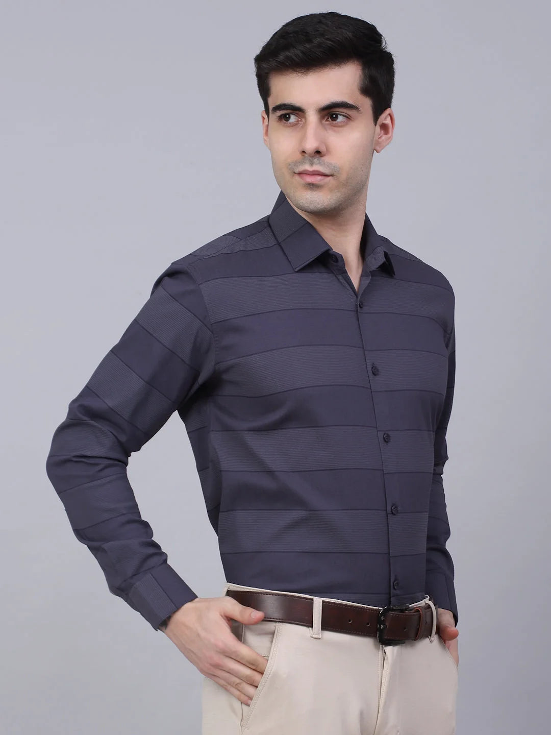 Grey Striped Formal Shirts - Stylish Cotton Mens Shirt