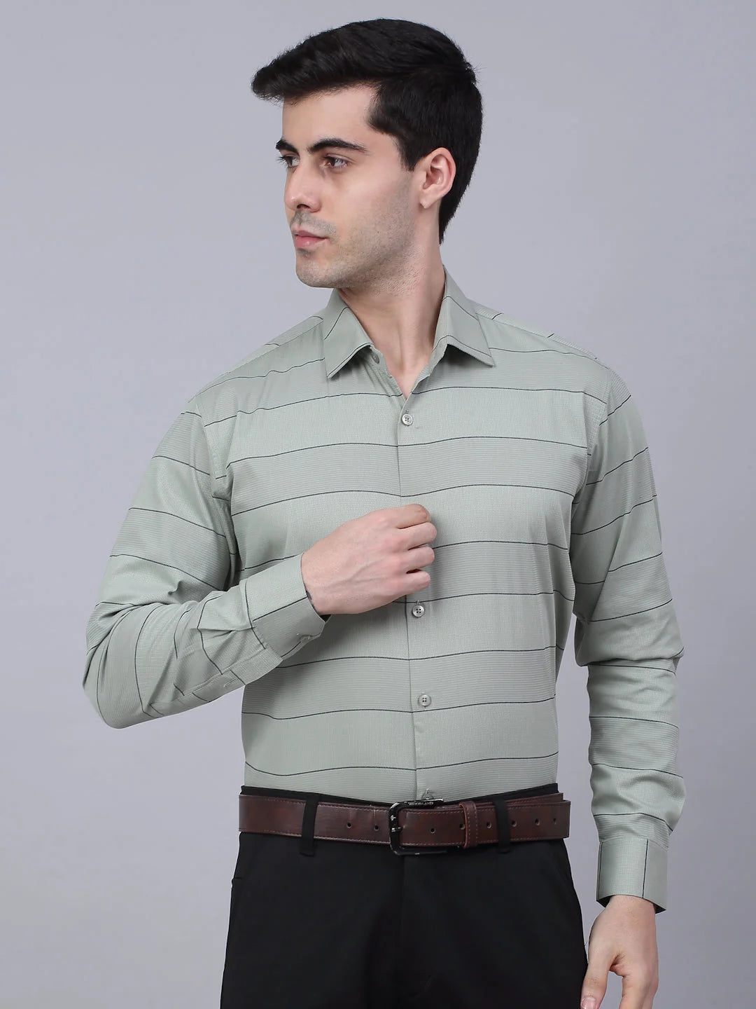 Men's Pista Green Horizontal Striped Formal Shirt-SF-839