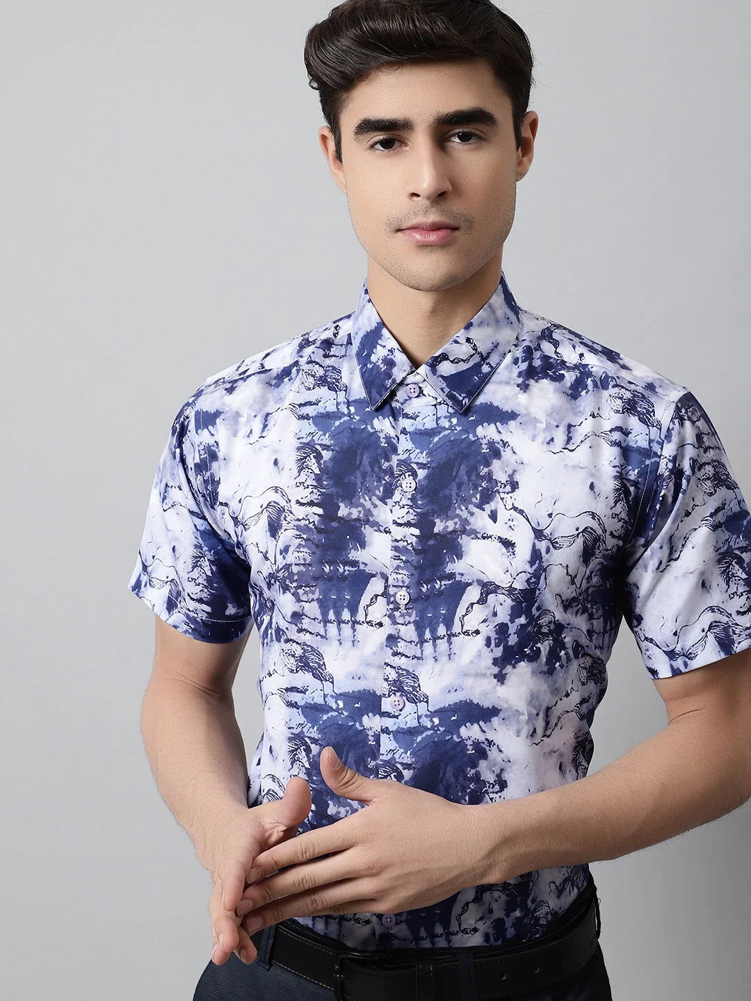 Blue Classic Printed Formal Shirt for Men - Cotton Shirt