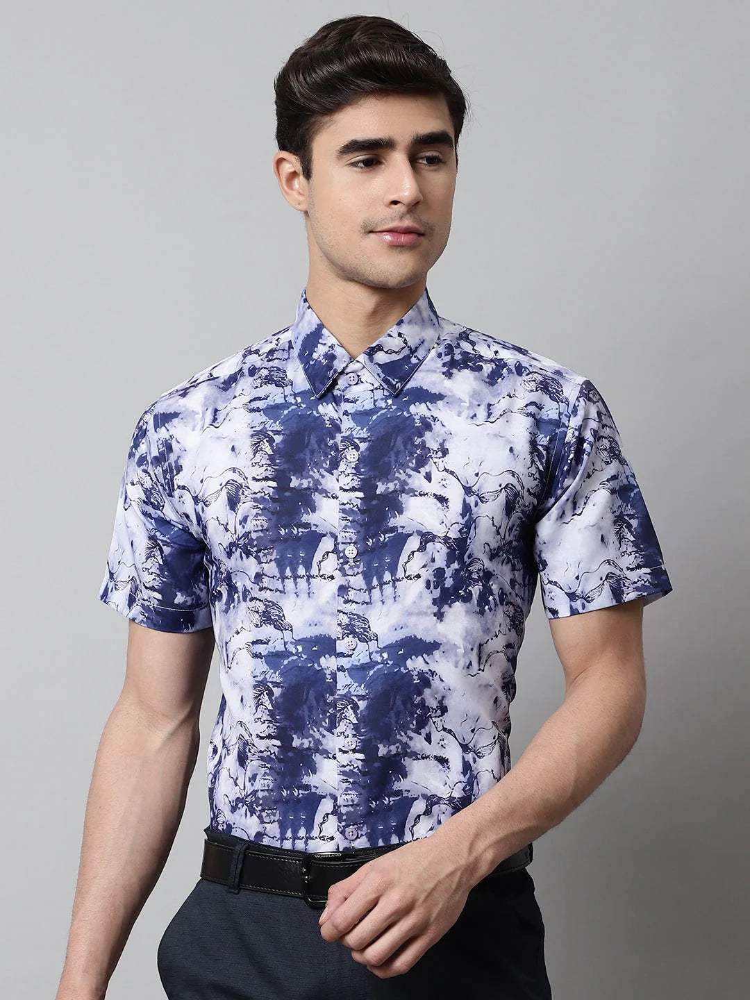 Blue Classic Printed Formal Shirt for Men - Cotton Shirt