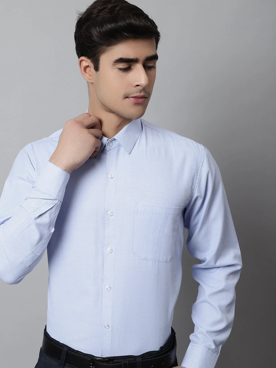 Men Light Blue Checks Pure Cotton Formal Shirt-SF-849