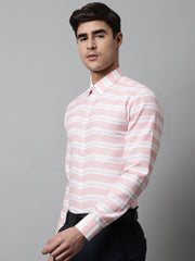 Men Peach Classic Horizontal Striped Formal Shirt