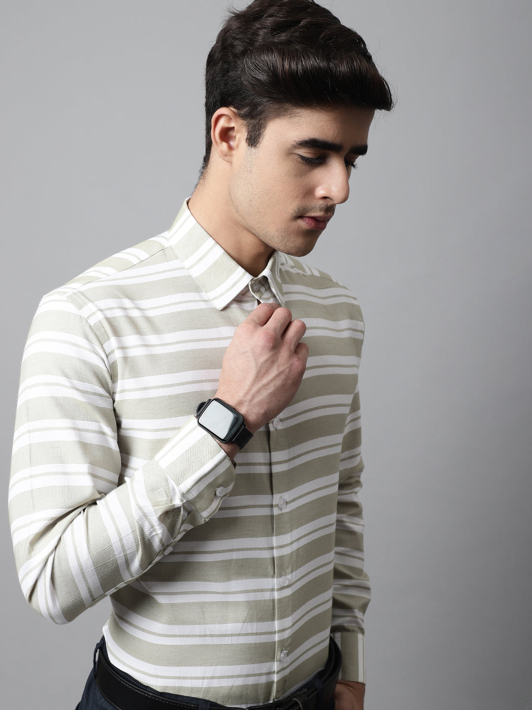 DesiQlo Men Striped Formal Shirt - Green - SF_850Pista_S