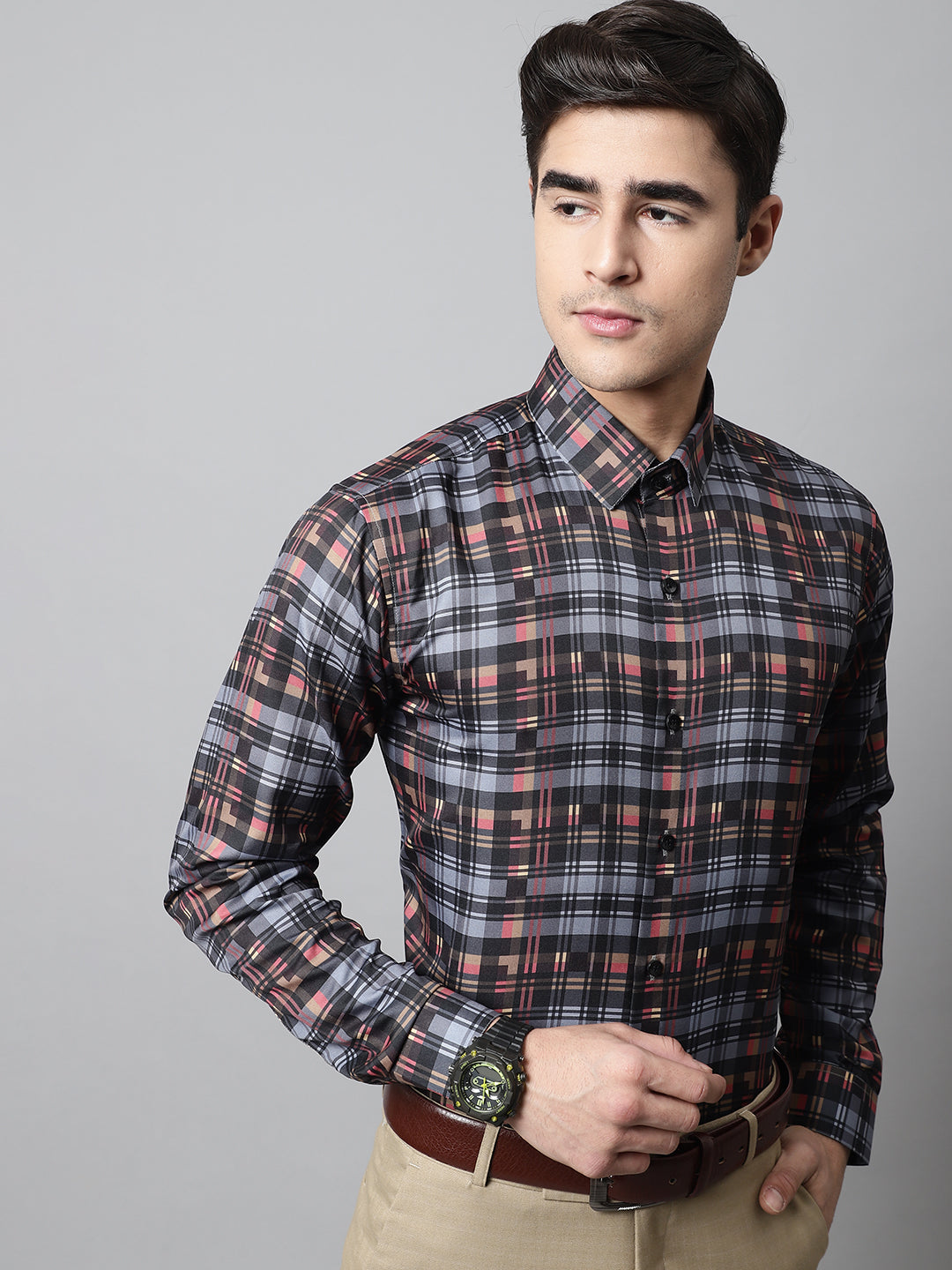DesiQlo Men Checked Formal Shirt - Grey