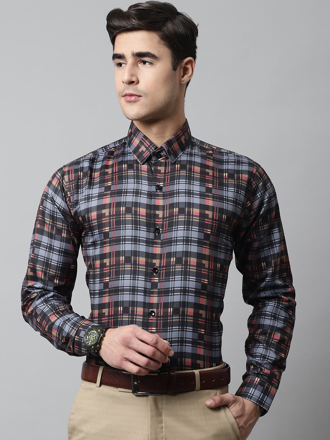 DesiQlo Men Checked Formal Shirt - Grey