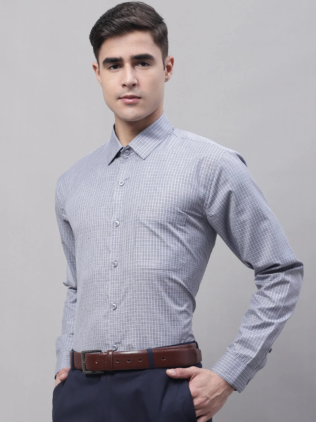 Grey Micro Checked Formal Shirts - Cotton Mens Shirt