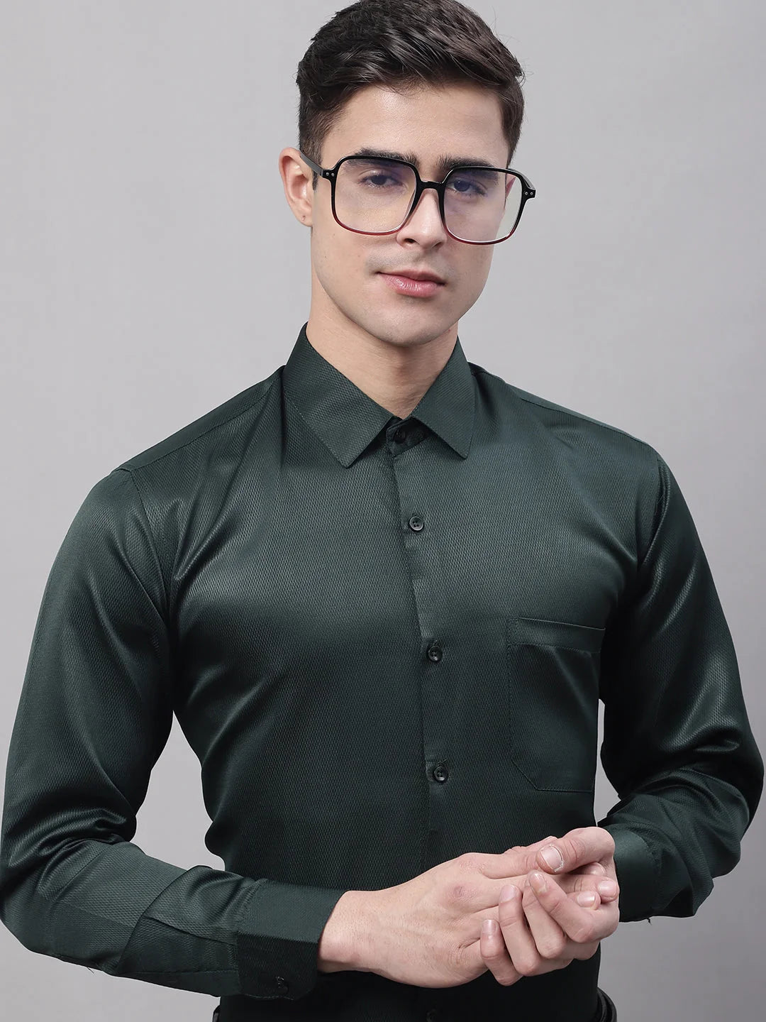 Men's Olive Green Dobby Textured Formal Shirt-SF-871
