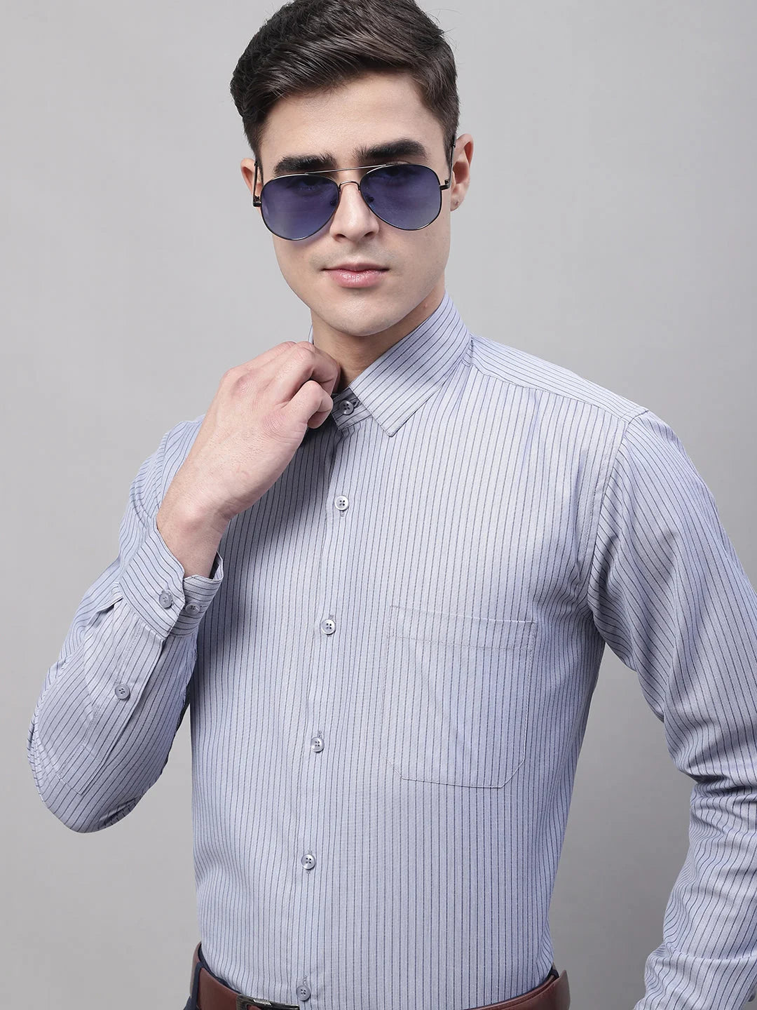 Men Grey Striped Formal Shirt | Breathable Cotton Formal Shirts