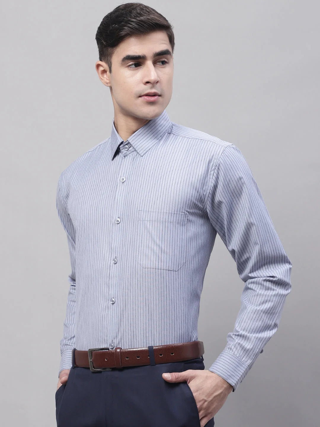Men Grey Striped Formal Shirt | Breathable Cotton Formal Shirts
