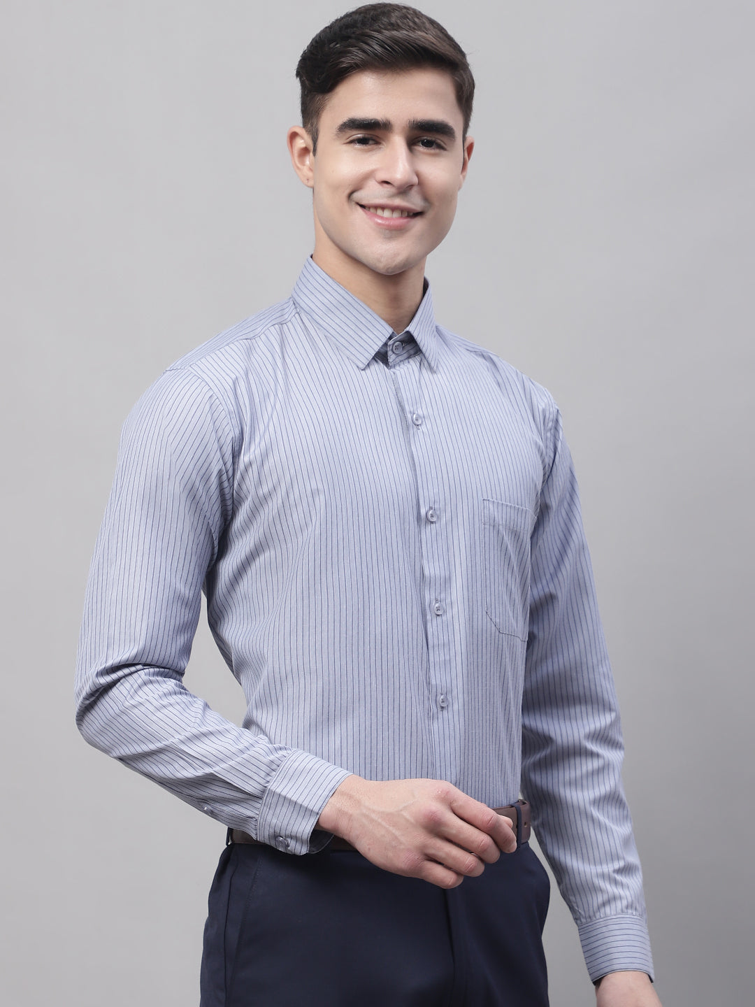 Men Grey Striped Formal Shirt | Breathable Cotton Formal Shirts