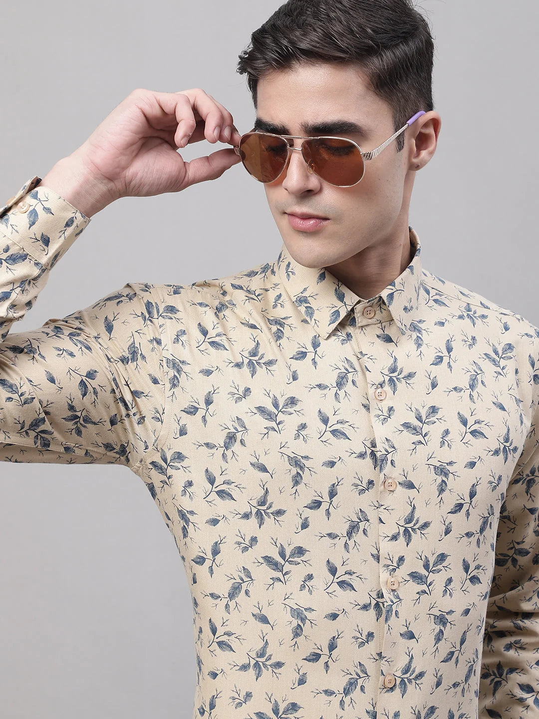 Men Beige Regular Fit Printed Pure Cotton Formal Shirt-SF-874