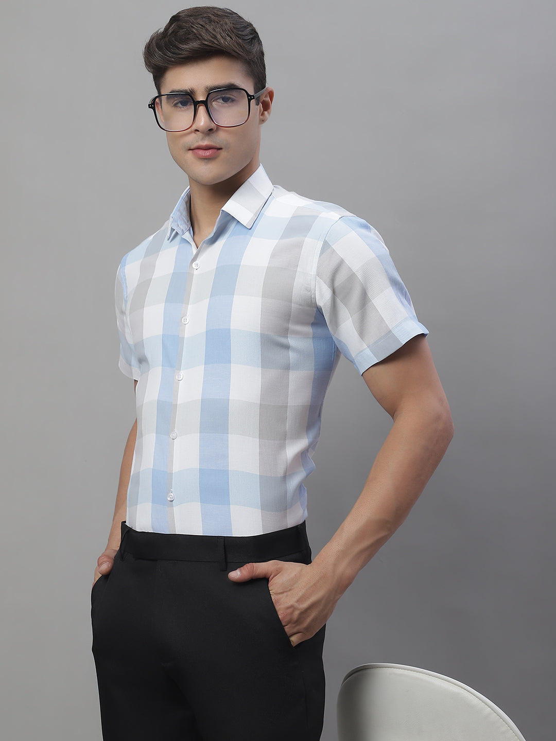 DesiQlo Men Checked Formal Shirt - Blue - SF_876Blue_S