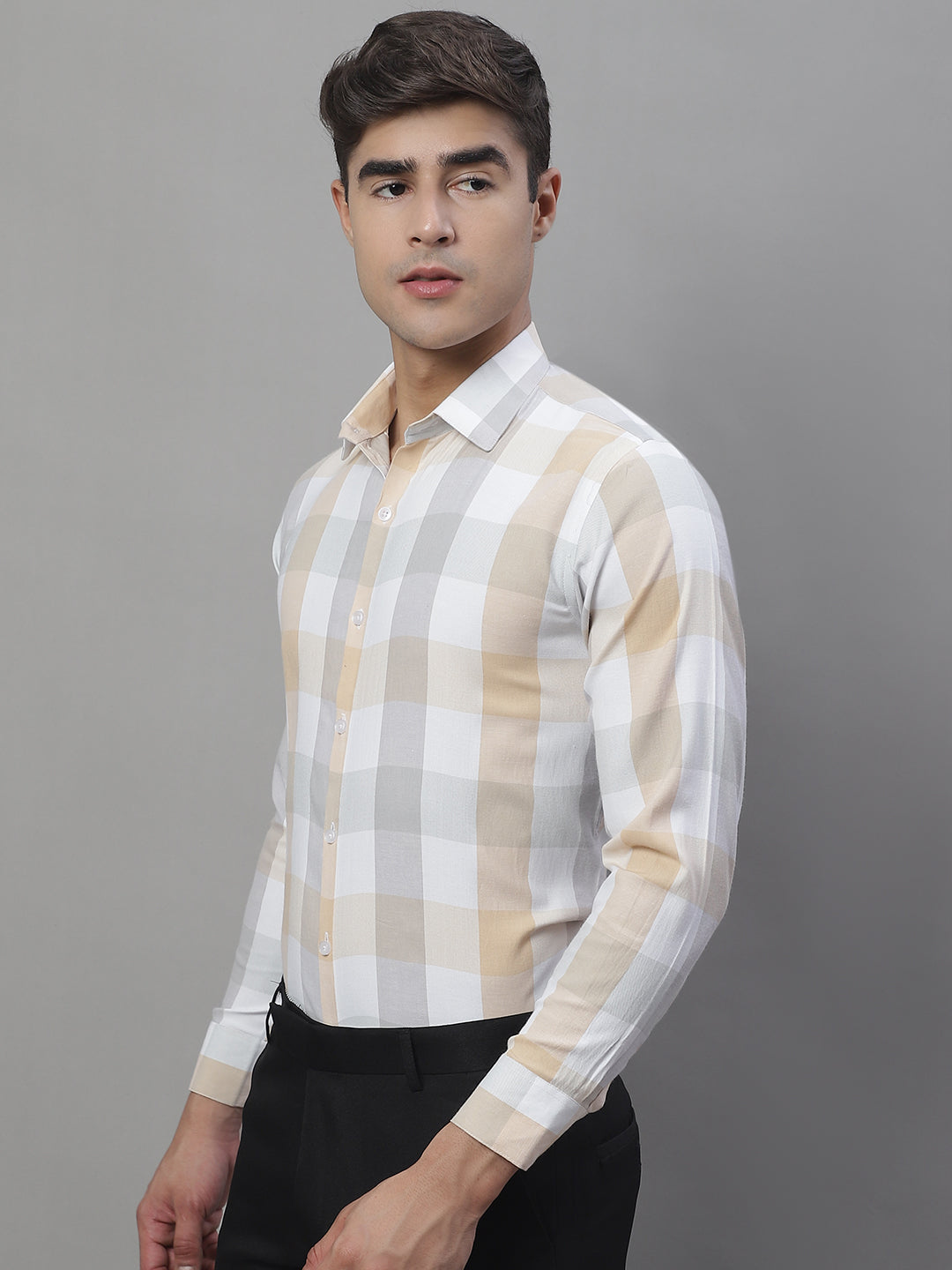 DesiQlo Men Checked Formal Shirt - Beige
