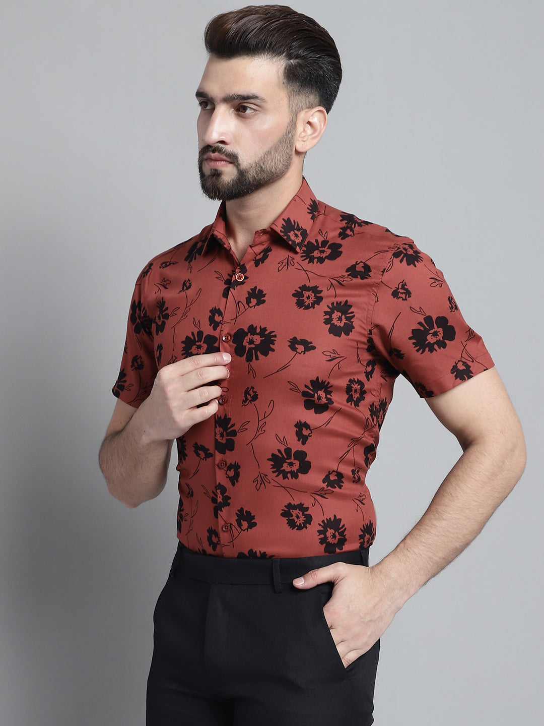 DesiQlo Men Printed Formal Shirt - Brown - SF_881Rust_S