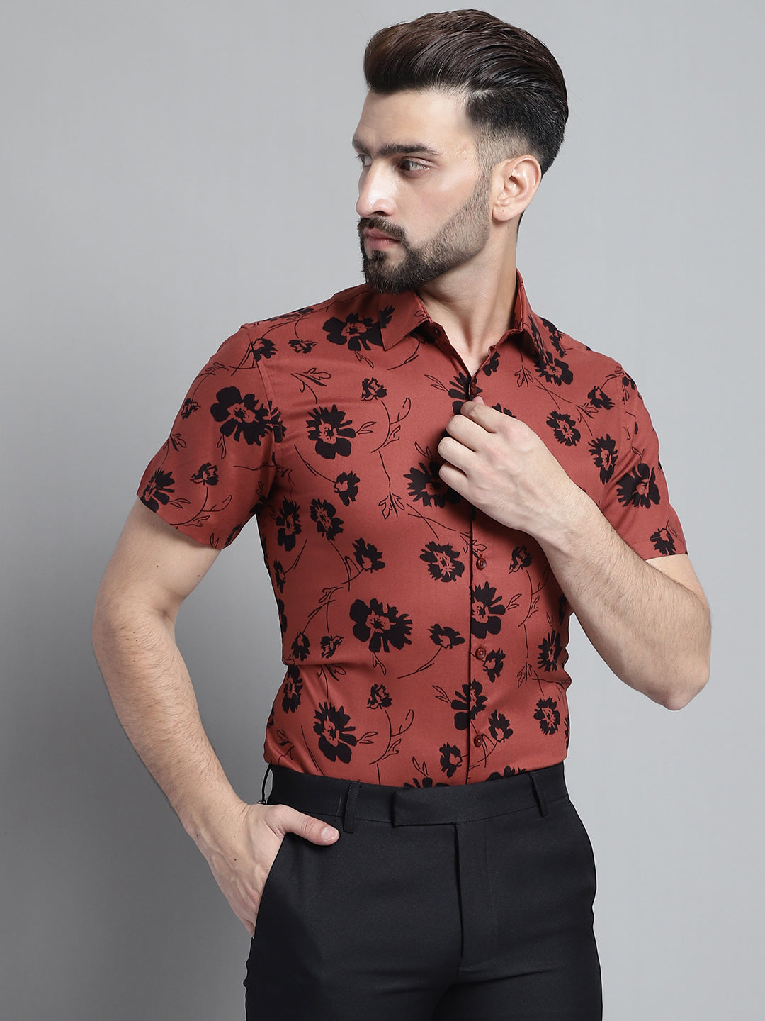 DesiQlo Men Printed Formal Shirt - Brown - SF_881Rust_S