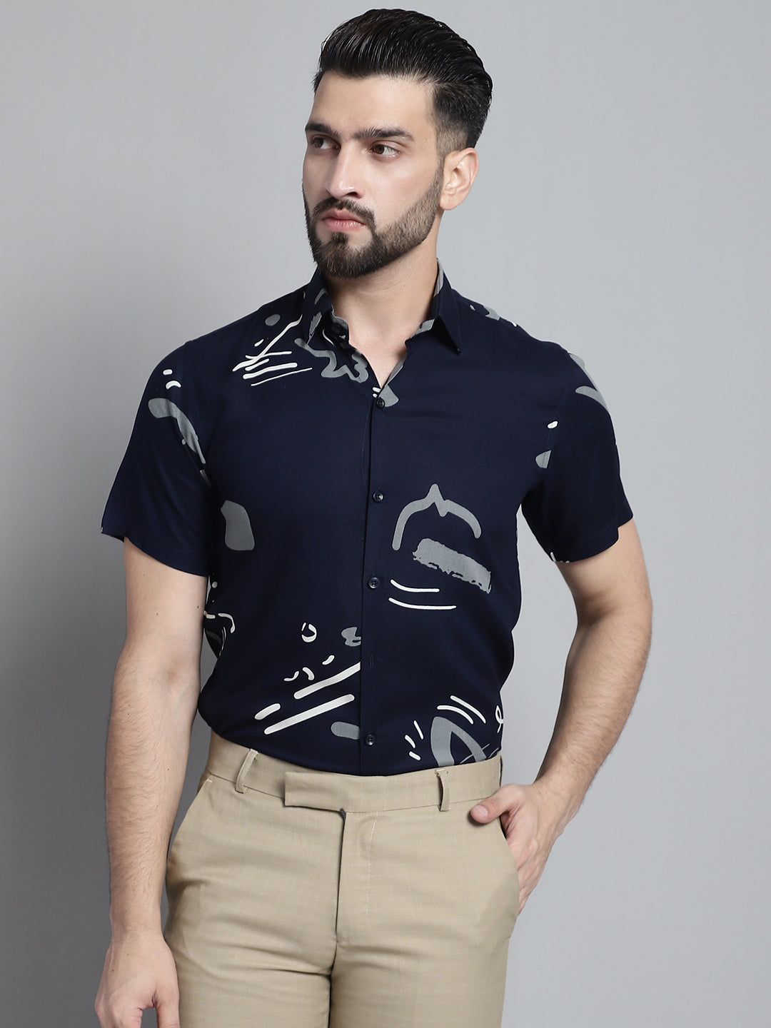 DesiQlo Men Printed Formal Shirt - Multicolor - SF_882Navy_S
