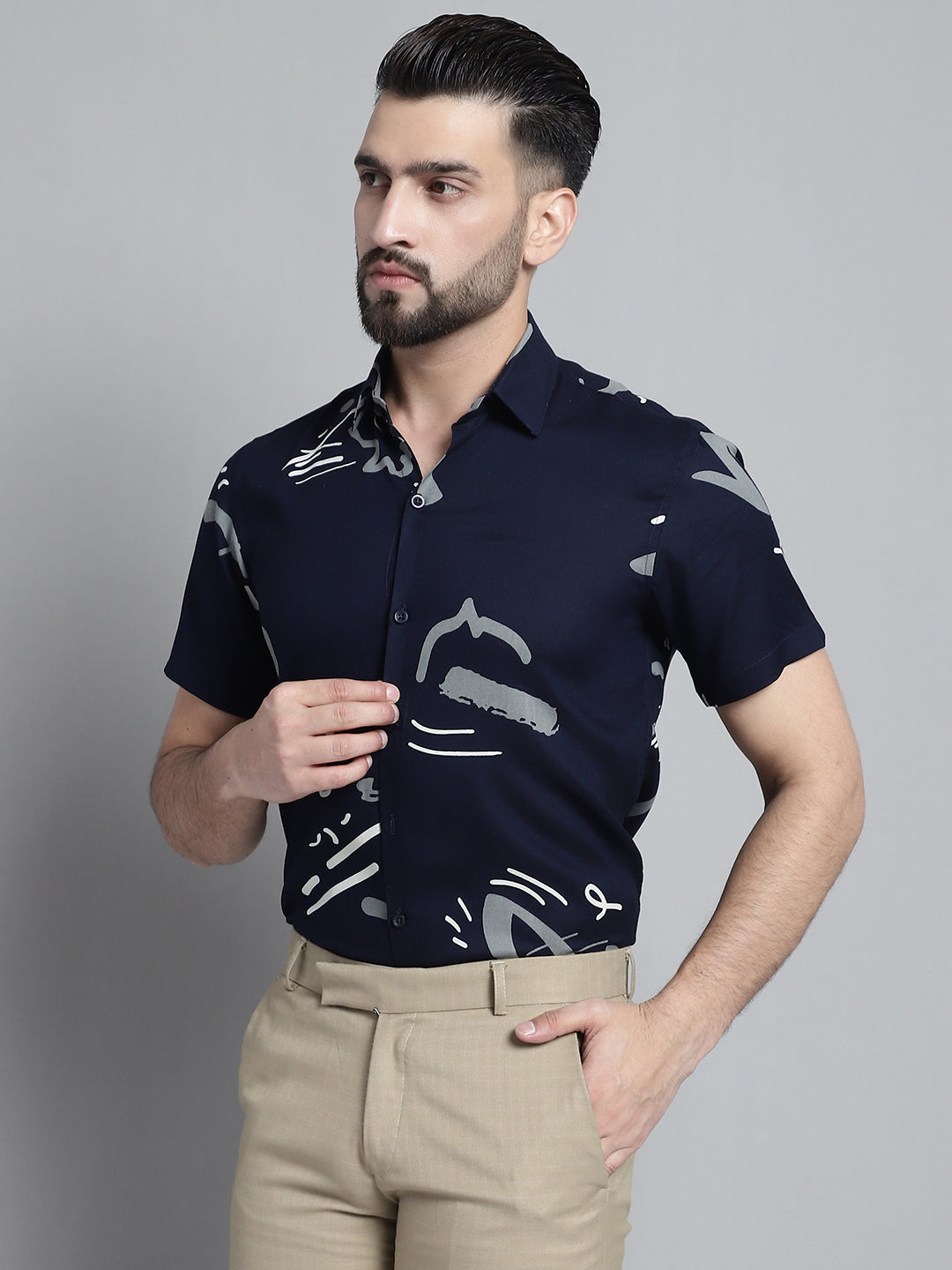 DesiQlo Men Printed Formal Shirt - Multicolor - SF_882Navy_S