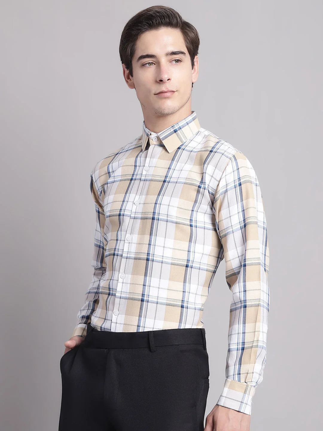 Men's Yellow Checked Cotton Shirt - Regular Fit Formal Shirts