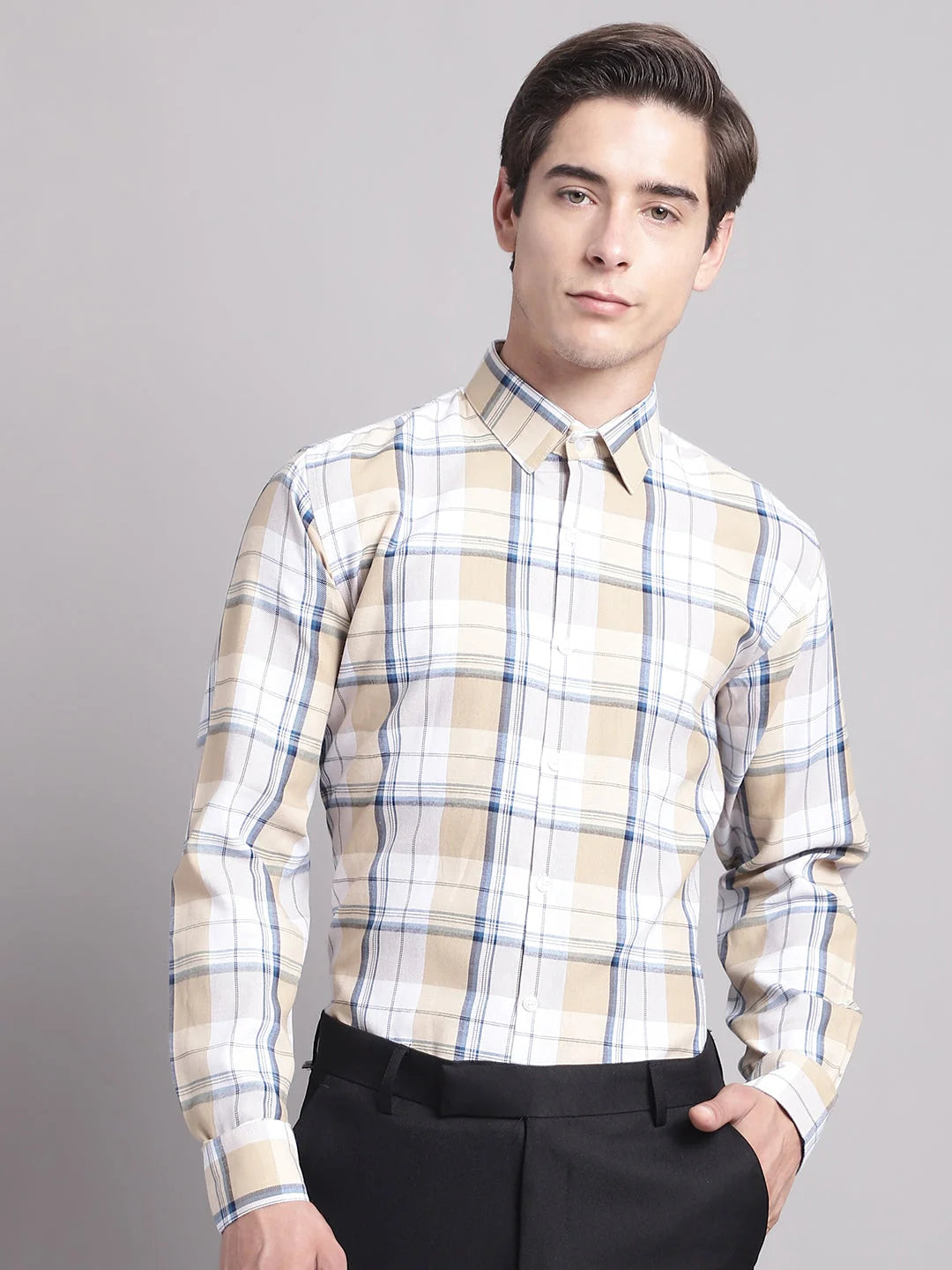 Men's Yellow Checked Cotton Shirt - Regular Fit Formal Shirts