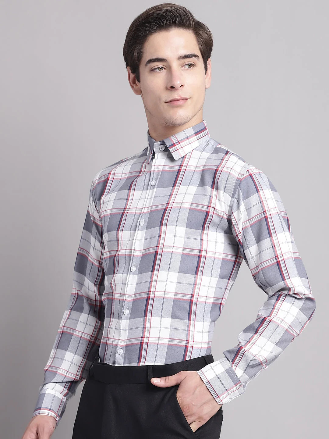 Grey Checked Regular Fit Formal Shirts | Cotton Mens Shirt