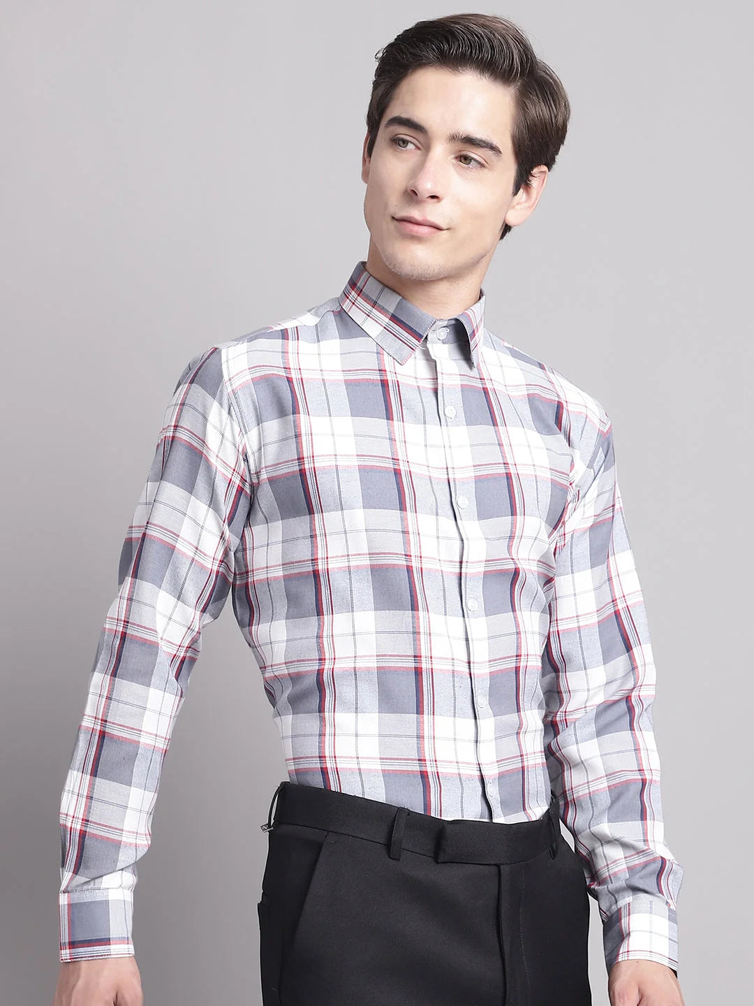 Grey Checked Regular Fit Formal Shirts | Cotton Mens Shirt