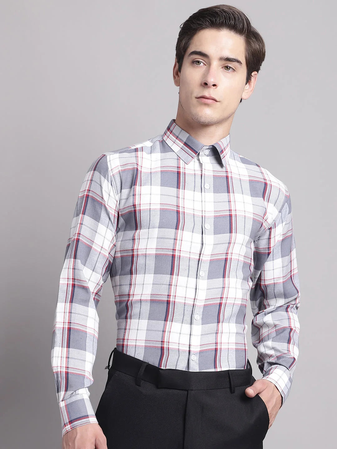 Grey Checked Regular Fit Formal Shirts | Cotton Mens Shirt