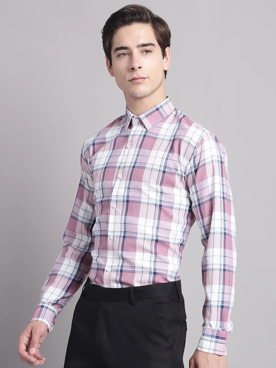 Pink Checked Regular Fit Formal Shirts | Cotton Mens Shirt