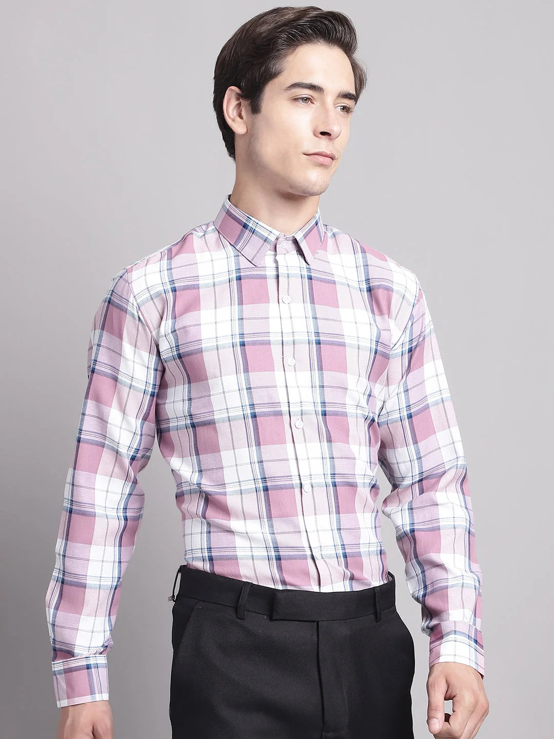 Pink Checked Regular Fit Formal Shirts | Cotton Mens Shirt