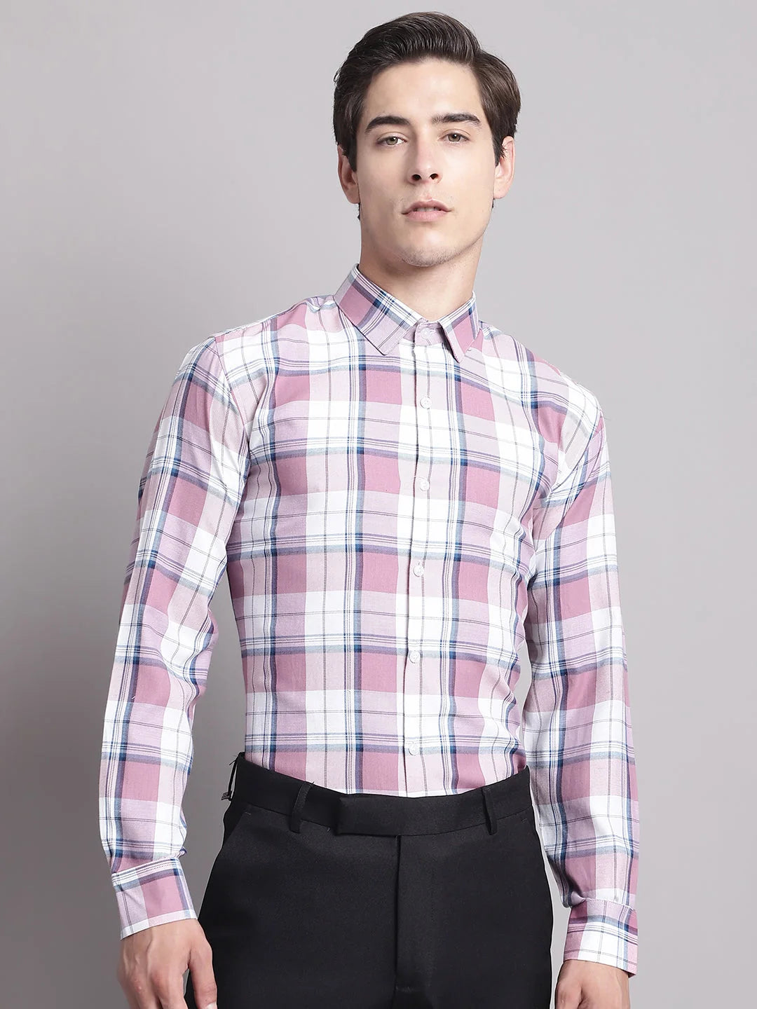Pink Checked Regular Fit Formal Shirts | Cotton Mens Shirt