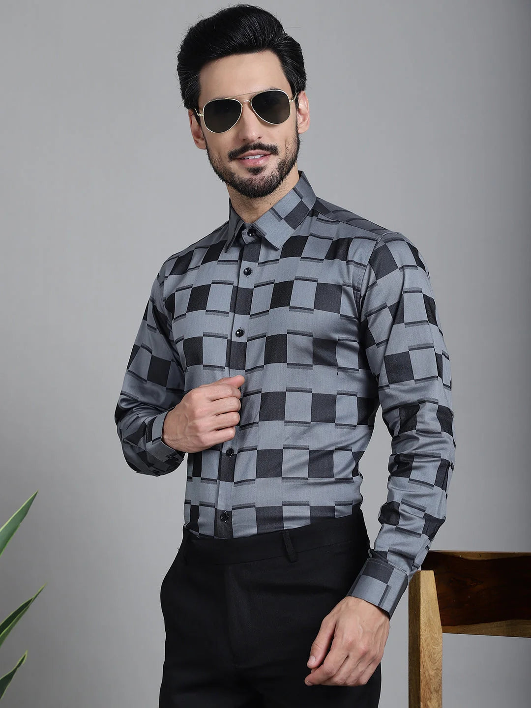 Printed Formal Cotton Mens Shirt - Grey Solid Design SF-901Grey