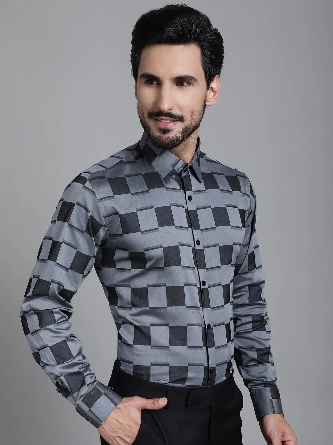 Printed Formal Cotton Mens Shirt - Grey Solid Design SF-901Grey