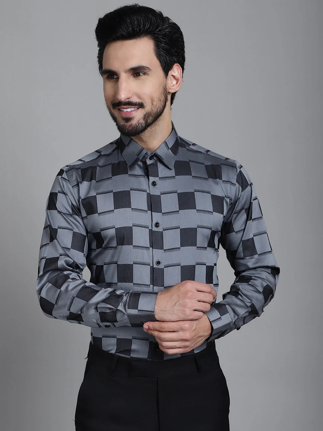 Printed Formal Cotton Mens Shirt - Grey Solid Design SF-901Grey