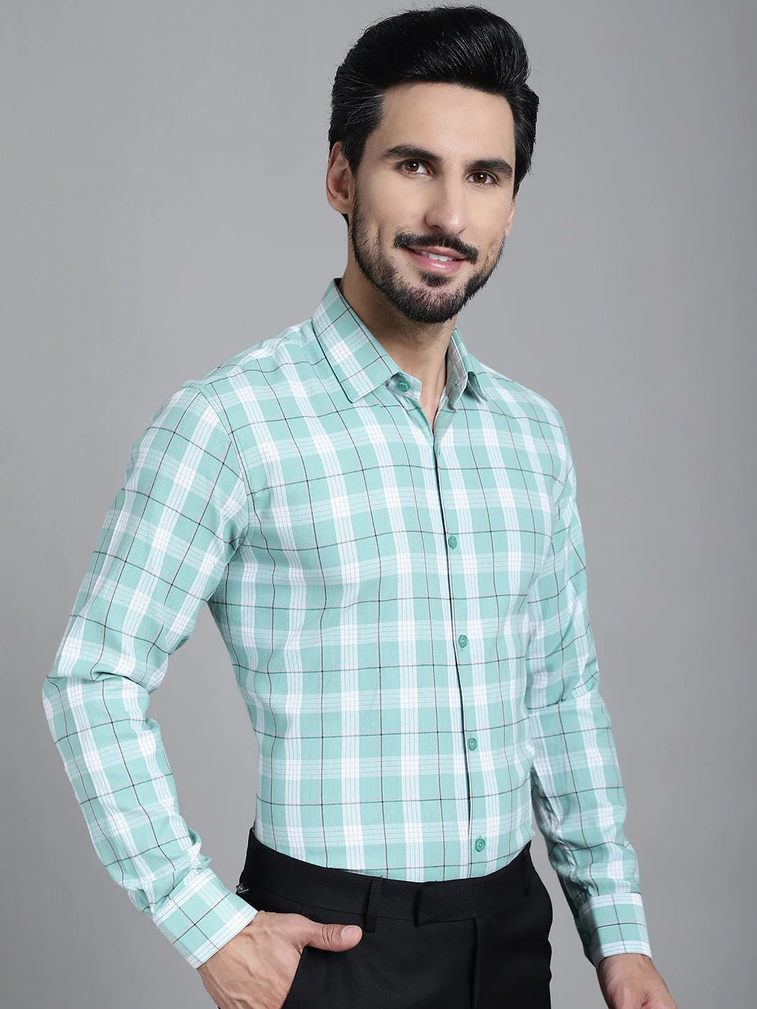 Green Checked Formal Shirt | SF-902 Cotton Mens Shirt