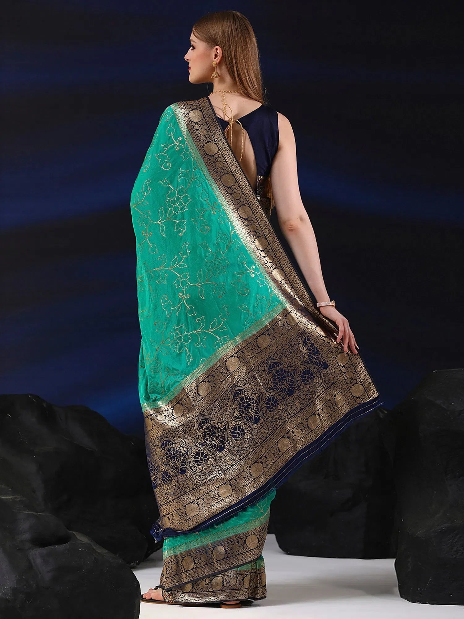 Teal Blue Ornate Woven Polyester Saree | Stylish Indian Designer Wear