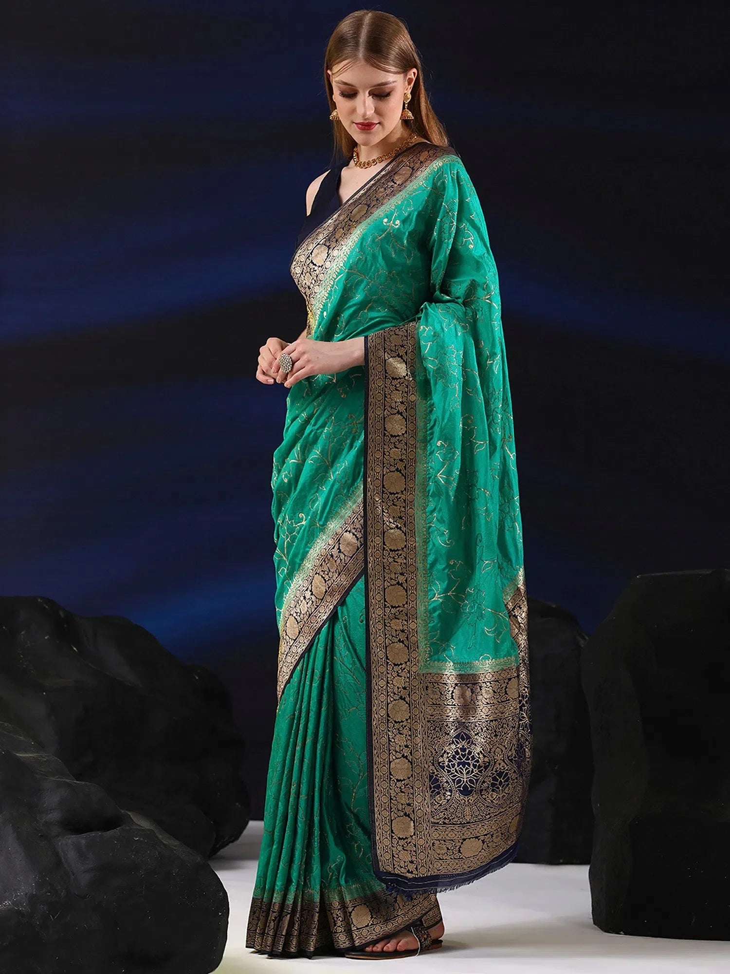 Teal Blue Ornate Woven Polyester Saree | Stylish Indian Designer Wear