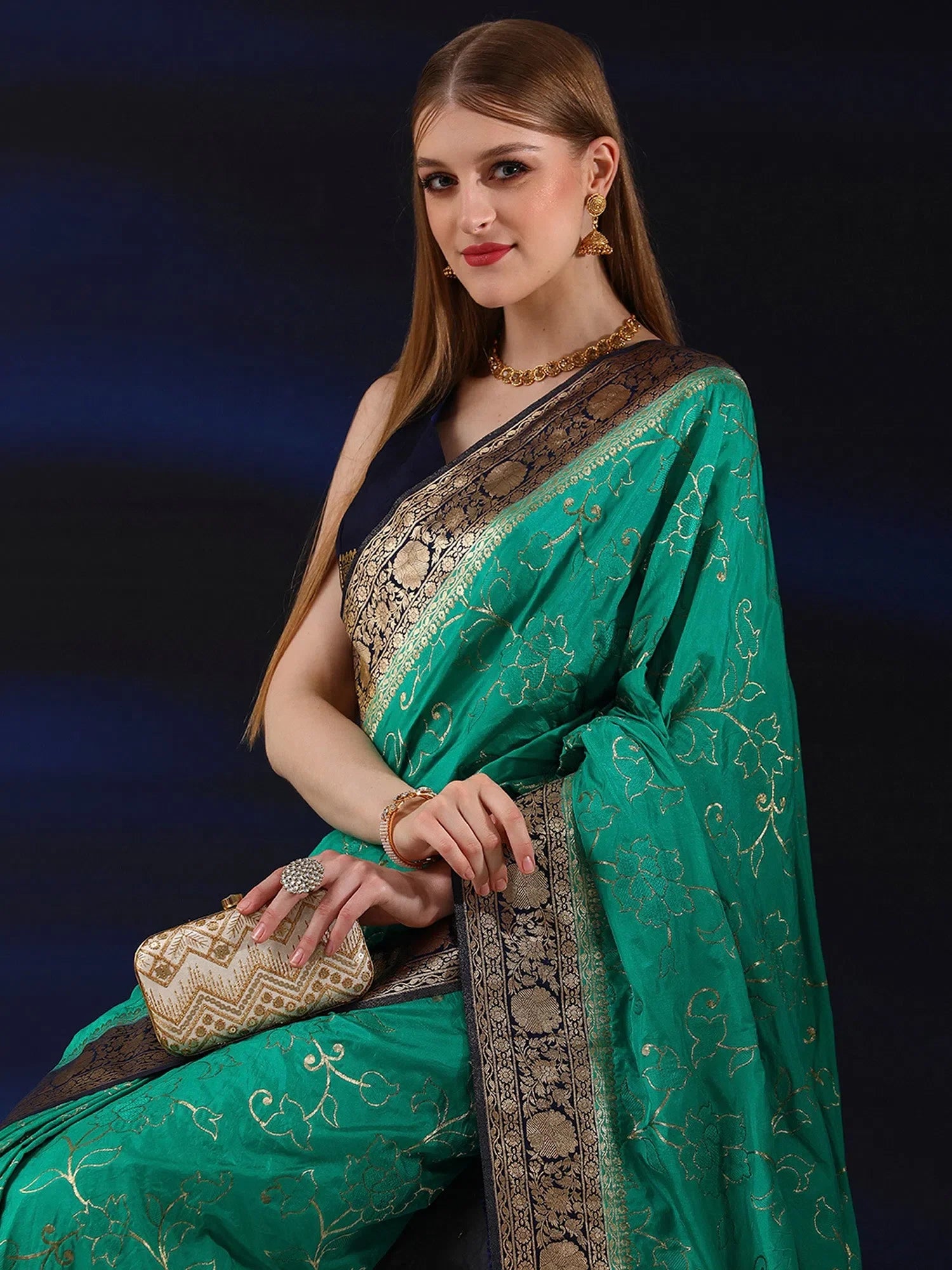 Teal Blue Ornate Woven Polyester Saree | Stylish Indian Designer Wear