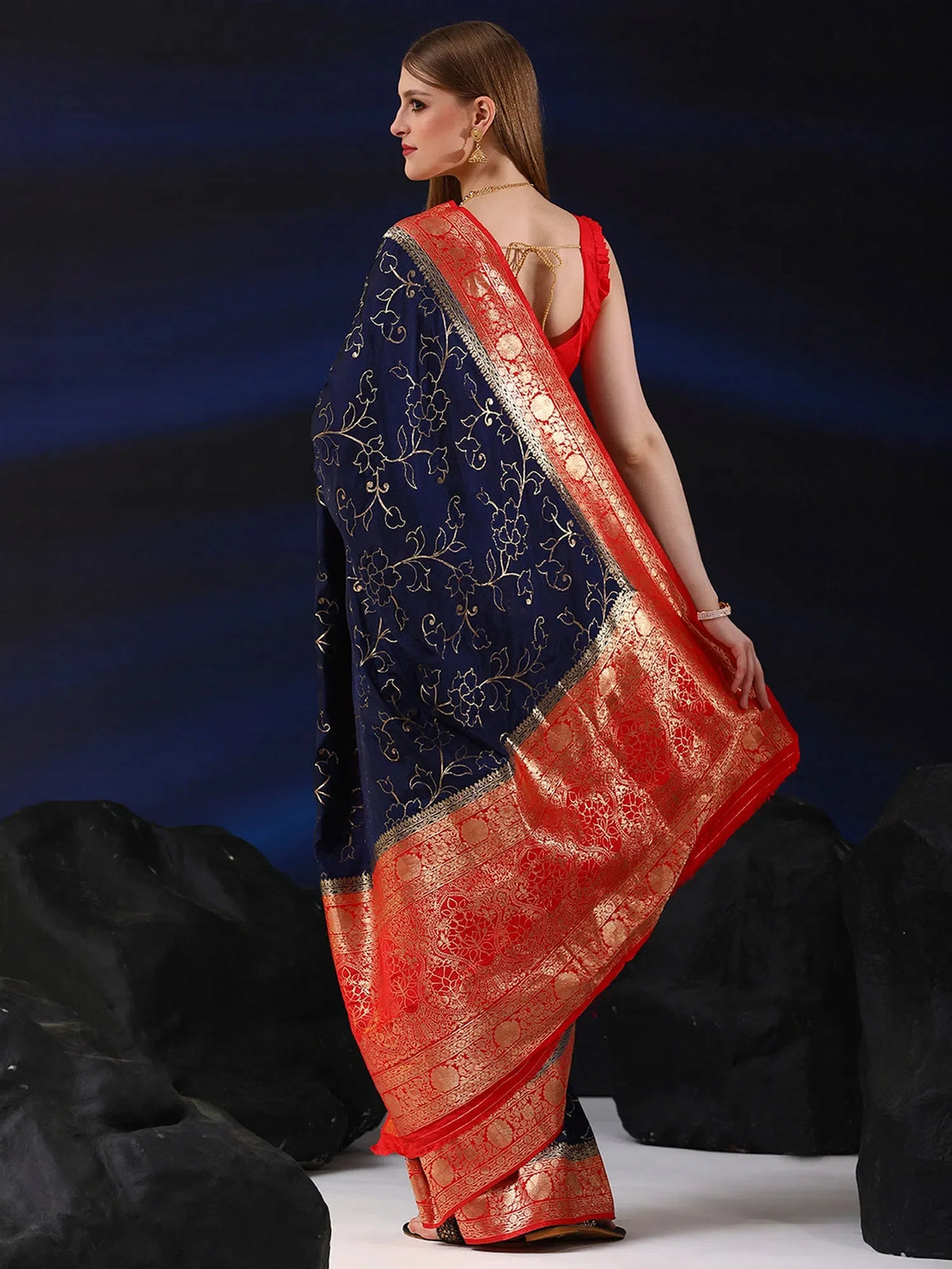 Women's  Blend Navy Blue Woven Design Designer Saree With Blouse Piece-SGITRIUS01E