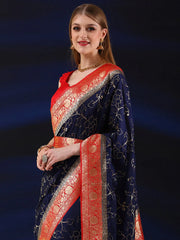 Women's  Blend Navy Blue Woven Design Designer Saree With Blouse Piece-SGITRIUS01E