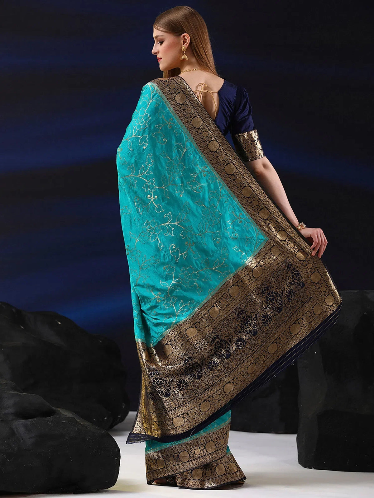 Women's  Blend Light Blue Woven Design Designer Saree With Blouse Piece-SGITRIUS01G