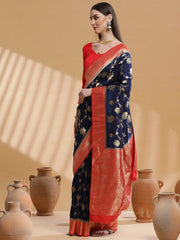 Women's  Blend Navy Blue Woven Design Designer Saree With Blouse Piece-SGITRIUS02C