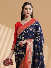 Women's  Blend Navy Blue Woven Design Designer Saree With Blouse Piece-SGITRIUS02C