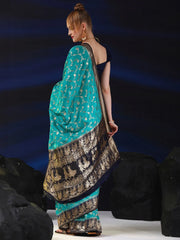 Women's Blend Teal Blue Woven Design Designer Saree With Blouse Piece-SGITRIUS03I