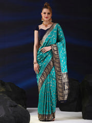 Women's Blend Teal Blue Woven Design Designer Saree With Blouse Piece-SGITRIUS03I